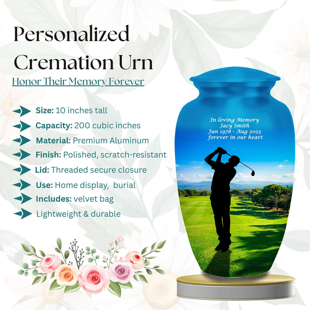 golf player green cremation urn for human ashes, handmade aluminum memorial urn – photo 8