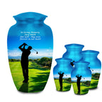 golf player green cremation urn for human ashes, handmade aluminum memorial urn – photo 1