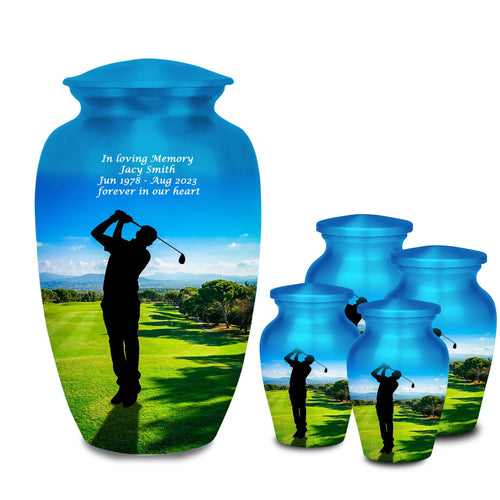 golf player green cremation urn for human ashes, handmade aluminum memorial urn – photo 1