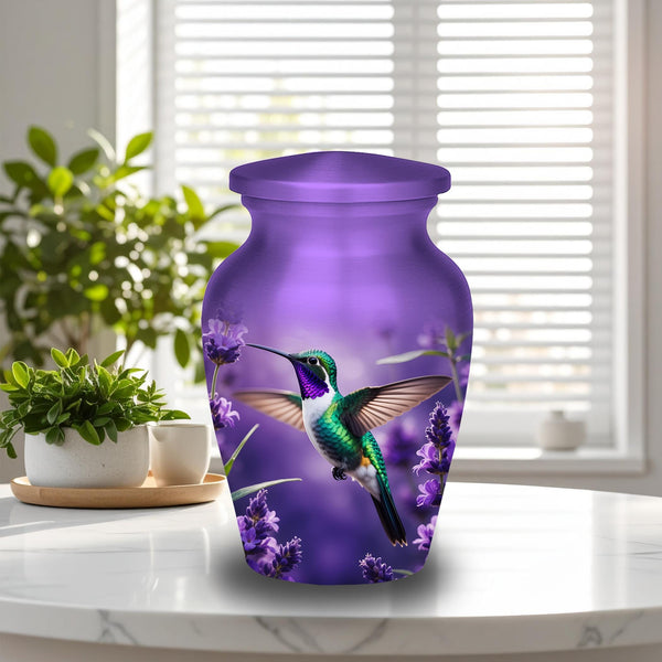 purple hummingbird lavender cremation urn for human ashes, handmade aluminum memorial urn – photo 1