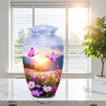 pink butterfly floral meadow cremation urn for human ashes, handmade aluminum memorial urn – photo 1