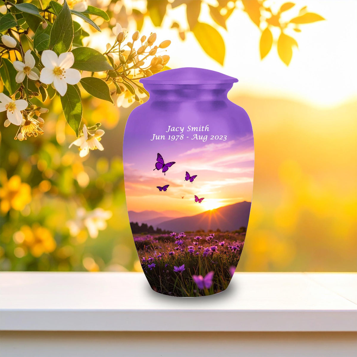 purple sunset butterfly cremation urn for human ashes, handmade aluminum memorial urn – photo 3