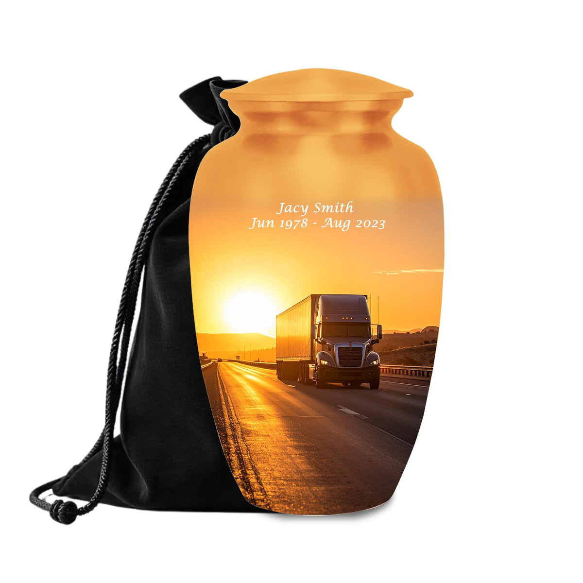sunset highway truck cremation urn for human ashes, handmade aluminum memorial urn – photo 1