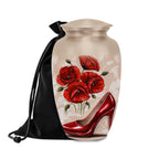 red high heel poppy cremation urn for human ashes, handmade aluminum memorial urn – photo 1