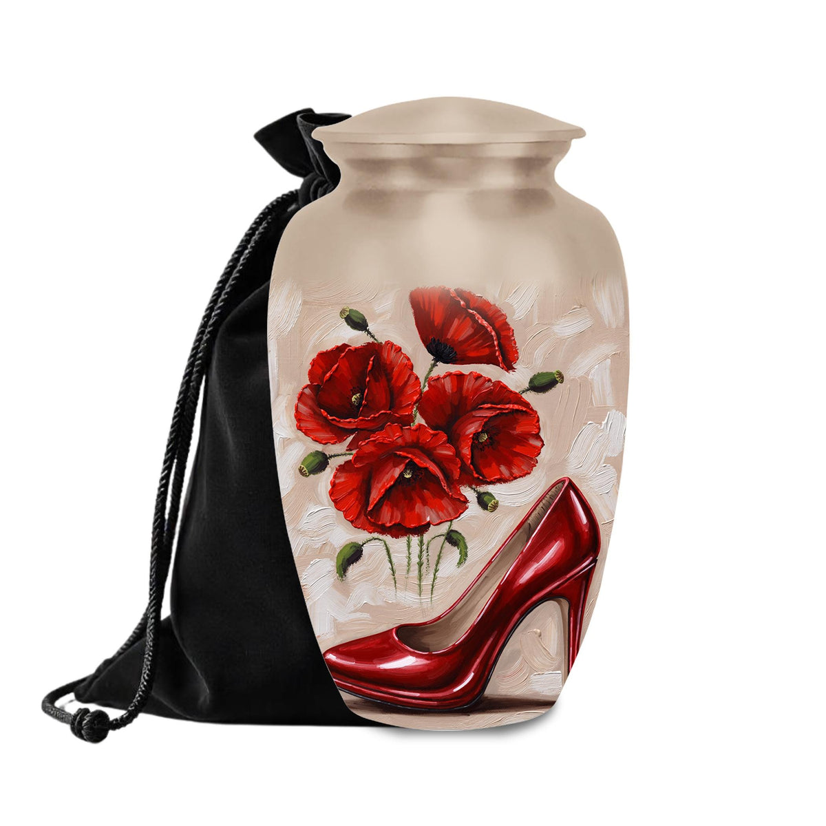 red high heel poppy cremation urn for human ashes, handmade aluminum memorial urn – photo 1