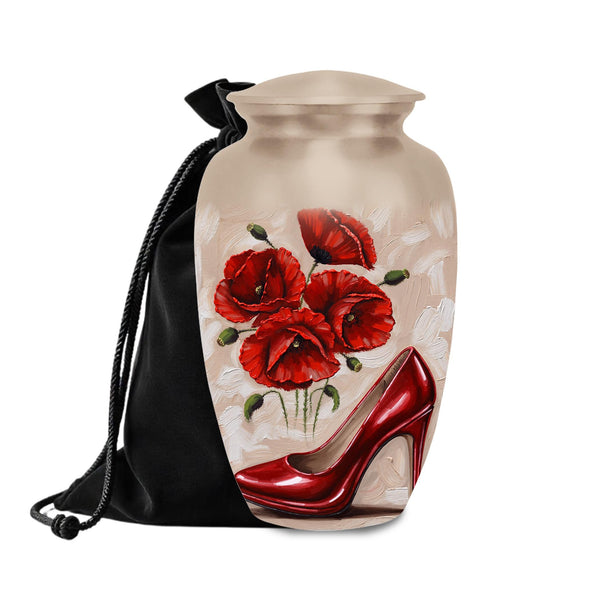 red high heel poppy cremation urn for human ashes, handmade aluminum memorial urn – photo 1