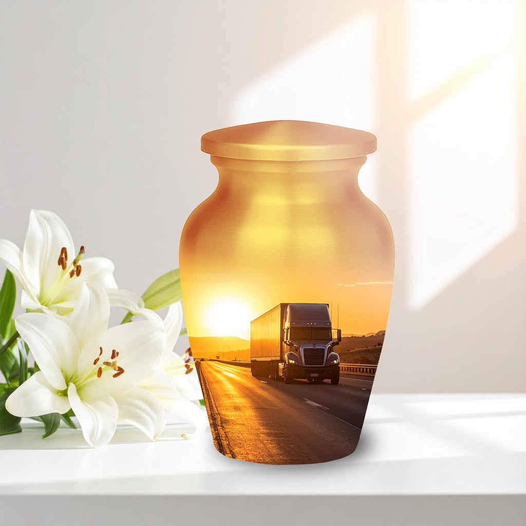 sunset highway truck cremation urn for human ashes, handmade aluminum memorial urn – photo 10