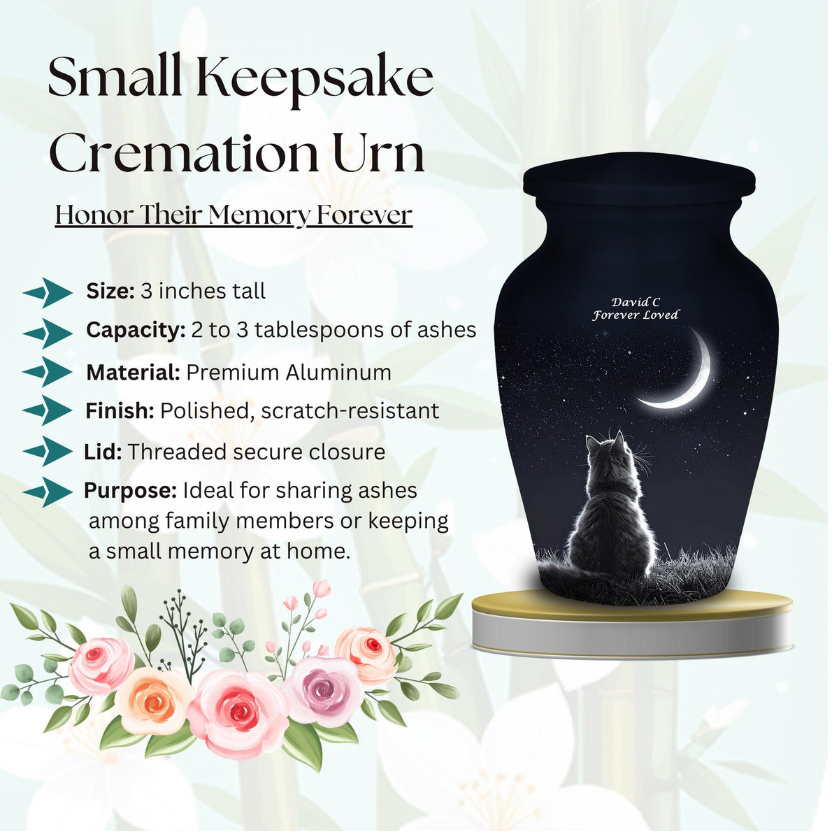 cat moon night sky cremation urn for pet ashes, handmade aluminum memorial urn – photo 5