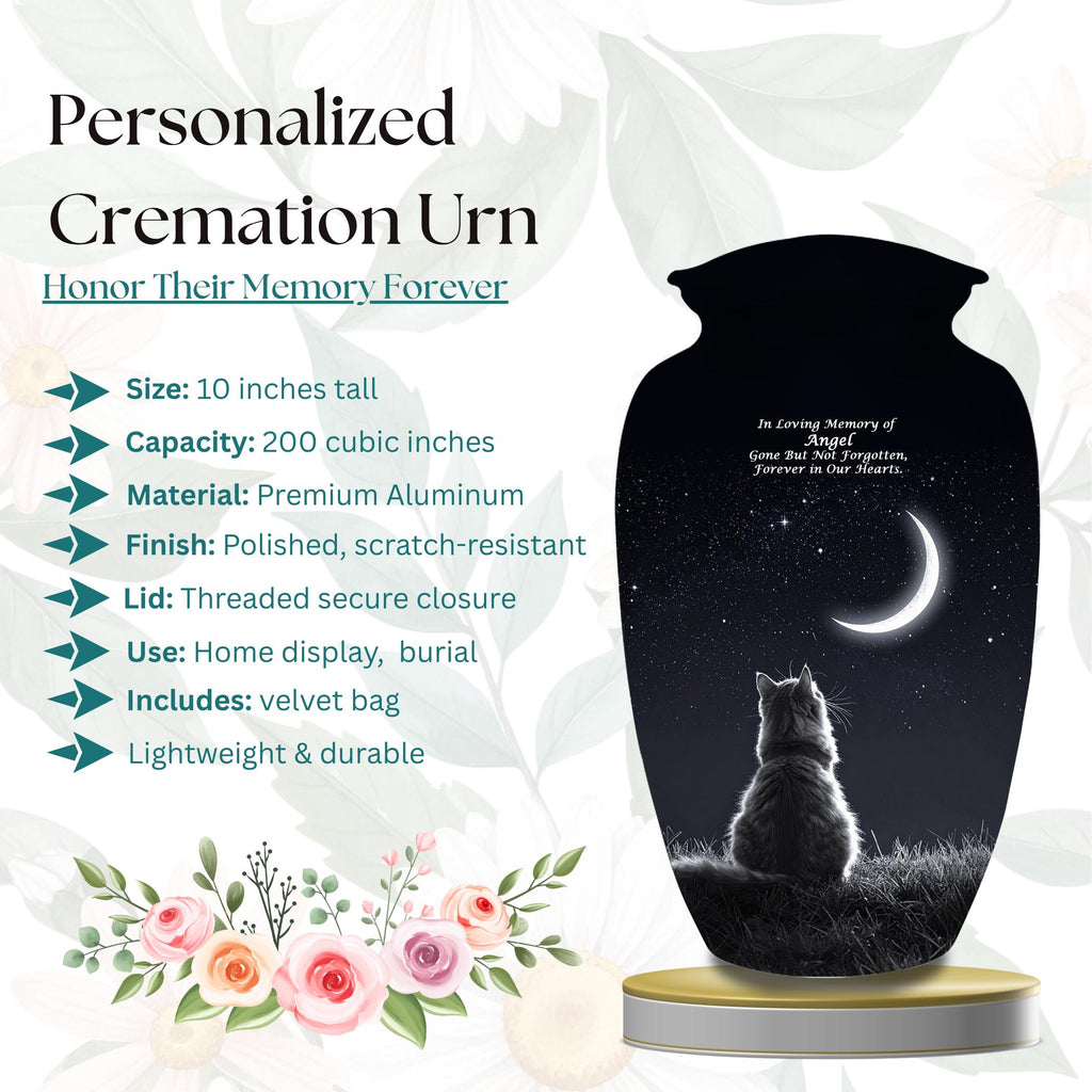 cat moon night sky cremation urn for pet ashes, handmade aluminum memorial urn – photo 7