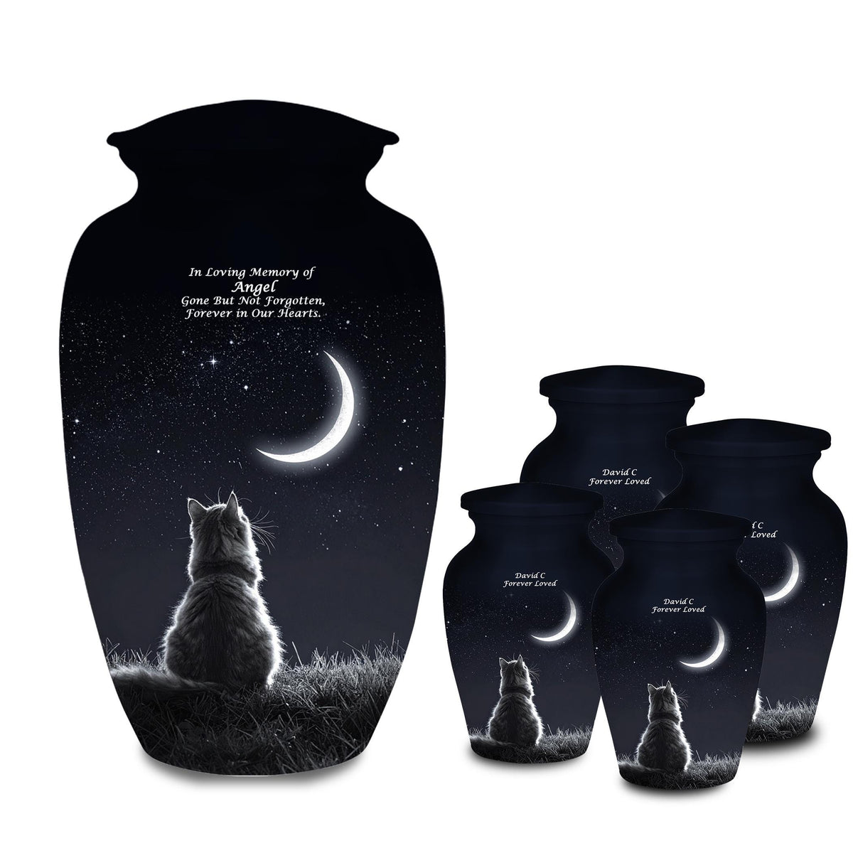 cat moon night sky cremation urn for pet ashes, handmade aluminum memorial urn – photo 8