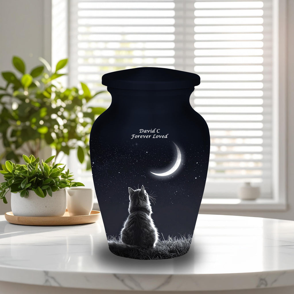 cat moon night sky cremation urn for pet ashes, handmade aluminum memorial urn – photo 9