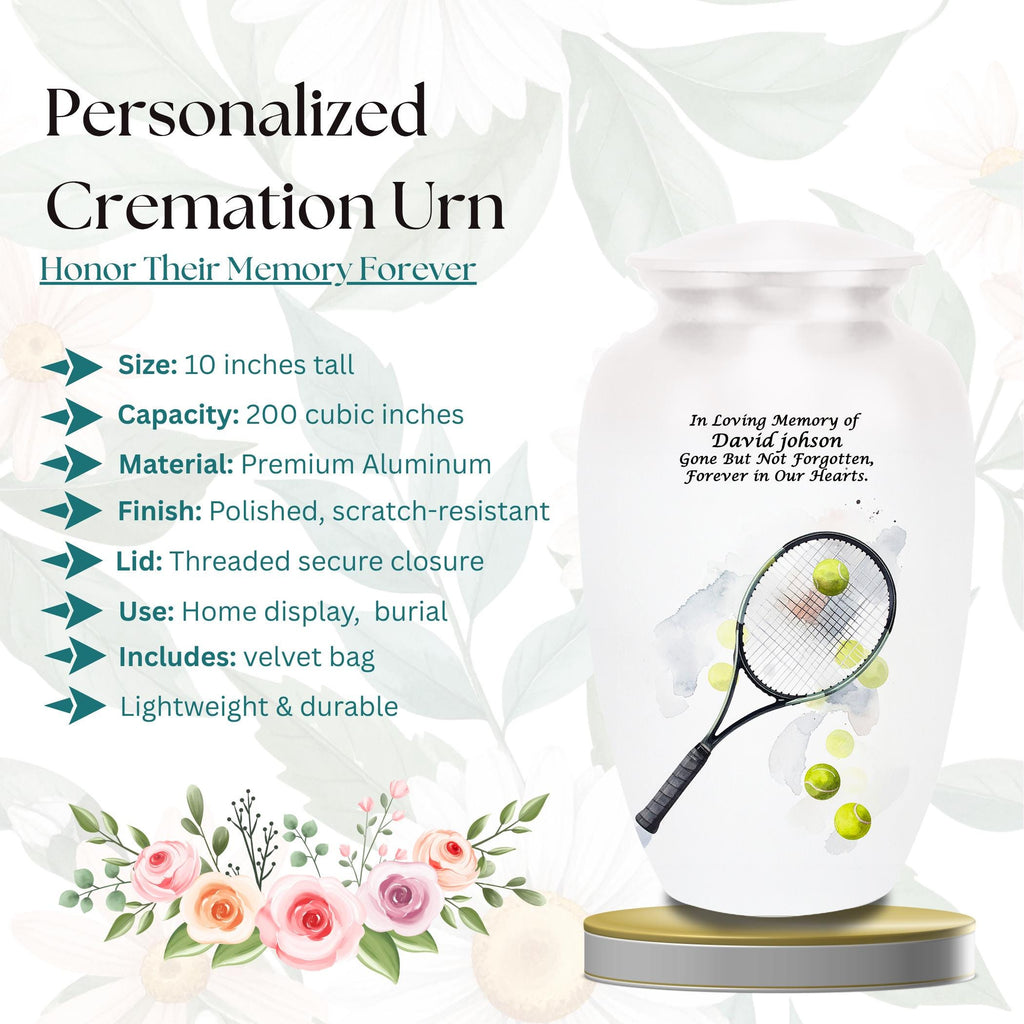 tennis racket and balls cremation urn for human ashes, handmade aluminum memorial urn – photo 2