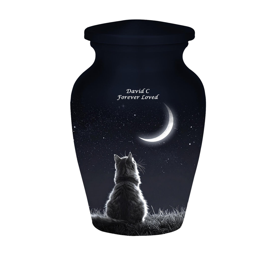 cat moon night sky cremation urn for pet ashes, handmade aluminum memorial urn – photo 2