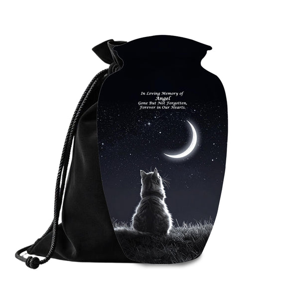 cat moon night sky cremation urn for pet ashes, handmade aluminum memorial urn – photo 1
