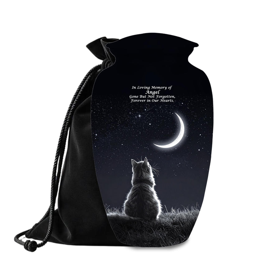 cat moon night sky cremation urn for pet ashes, handmade aluminum memorial urn – photo 1