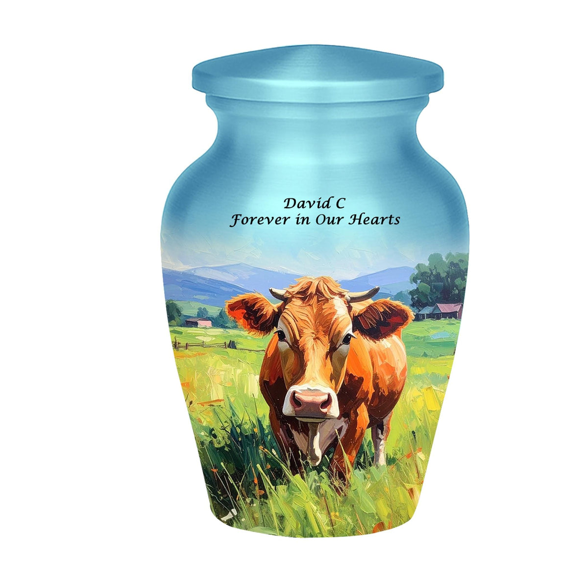 cow countryside farm cremation urn for human ashes, handmade aluminum memorial urn – photo 3