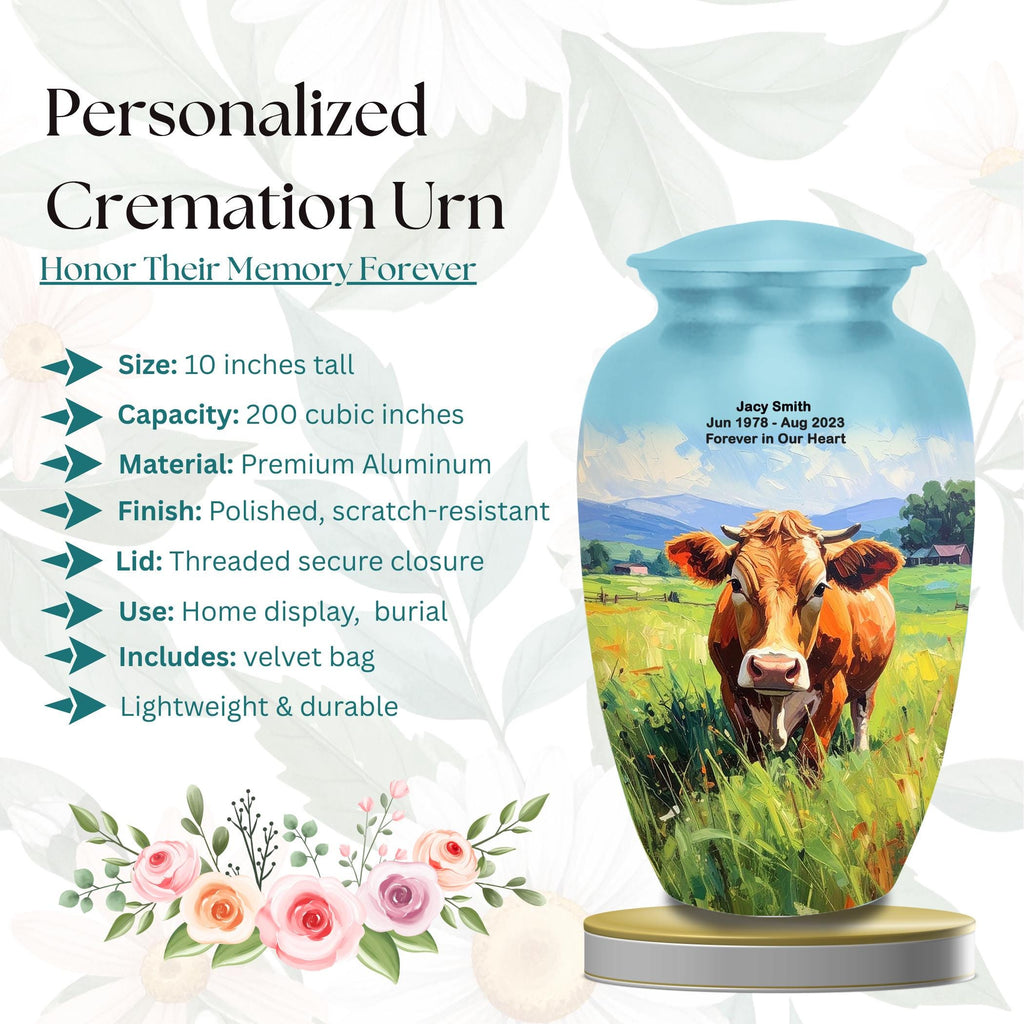 cow countryside farm cremation urn for human ashes, handmade aluminum memorial urn – photo 7