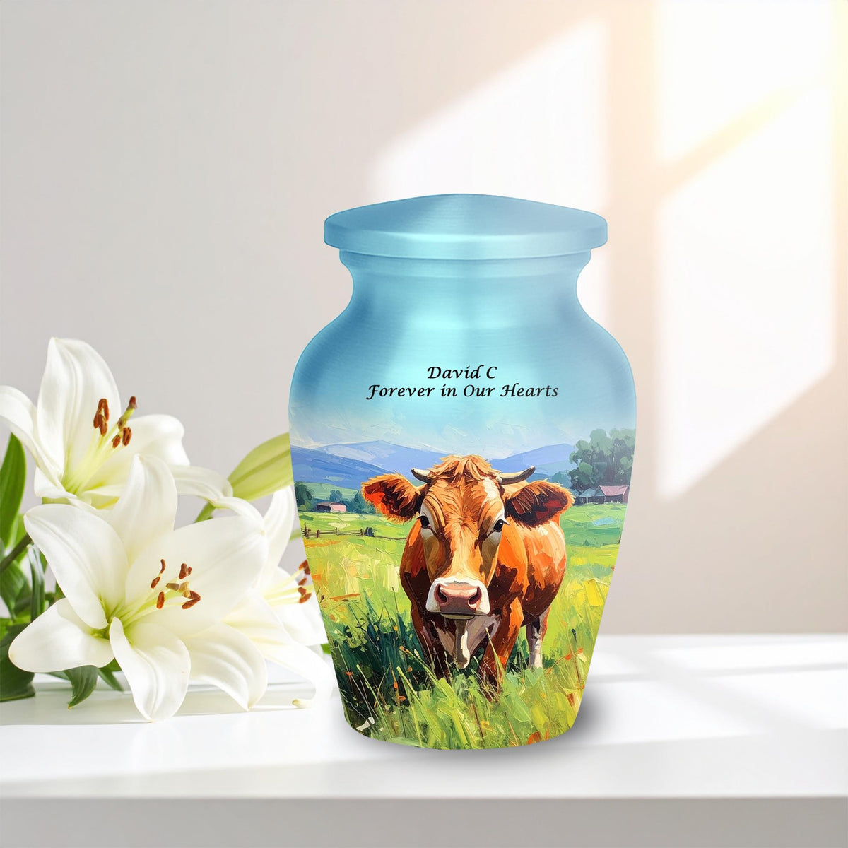 cow countryside farm cremation urn for human ashes, handmade aluminum memorial urn – photo 10