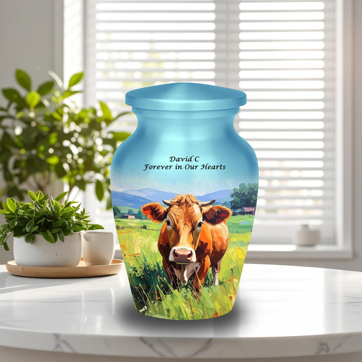 cow countryside farm cremation urn for human ashes, handmade aluminum memorial urn – photo 9