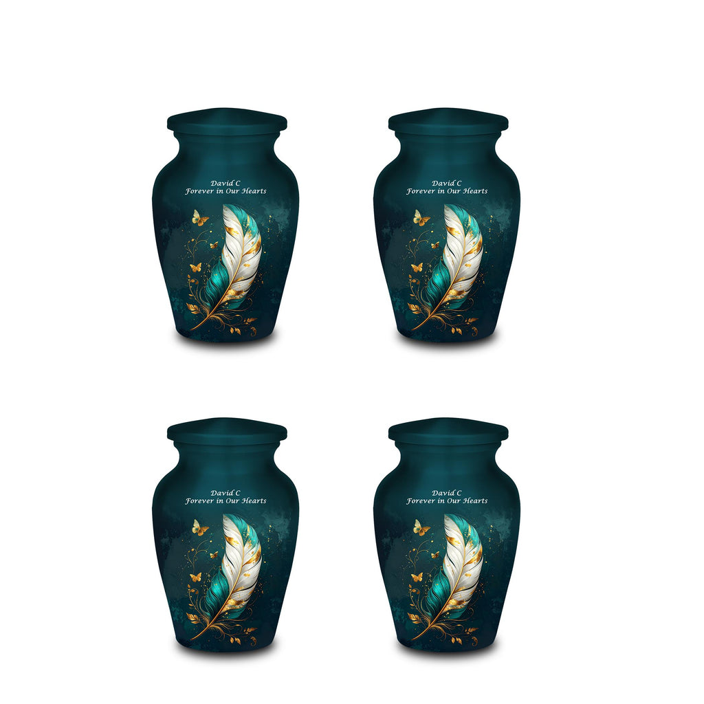 teal gold butterfly feather cremation urn for human ashes, handmade aluminum memorial urn – photo 3