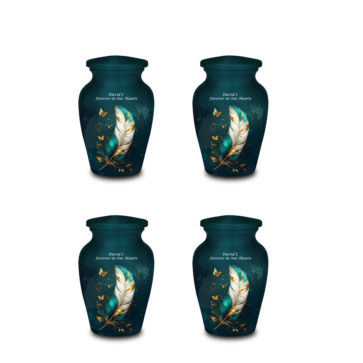 teal gold butterfly feather cremation urn for human ashes, handmade aluminum memorial urn – photo 3