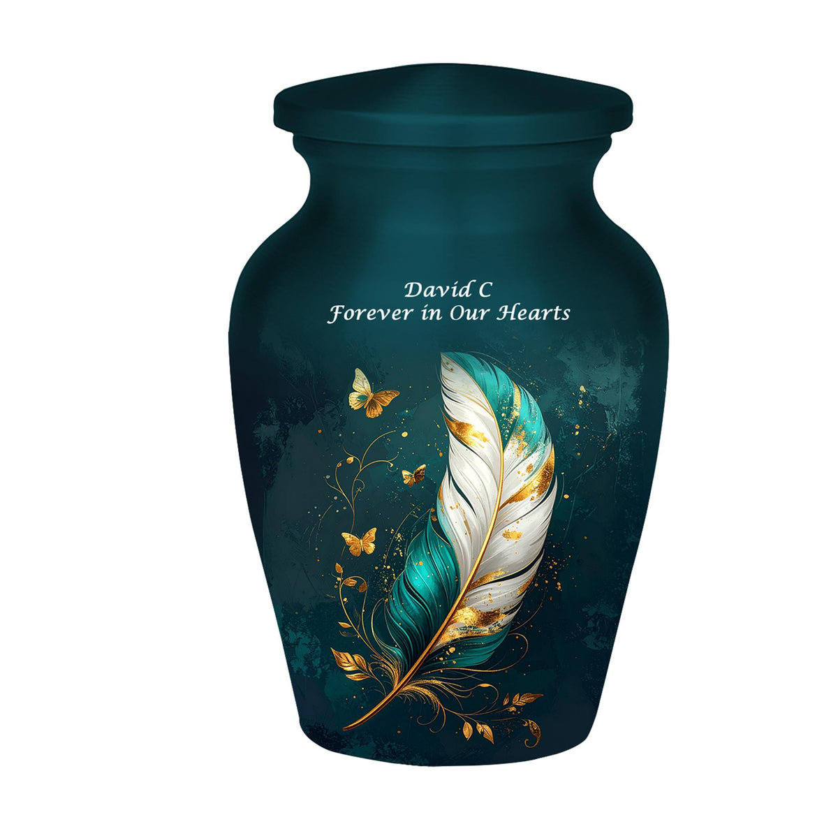 teal gold butterfly feather cremation urn for human ashes, handmade aluminum memorial urn – photo 2