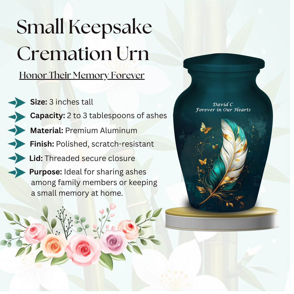 teal gold butterfly feather cremation urn for human ashes, handmade aluminum memorial urn – photo 4