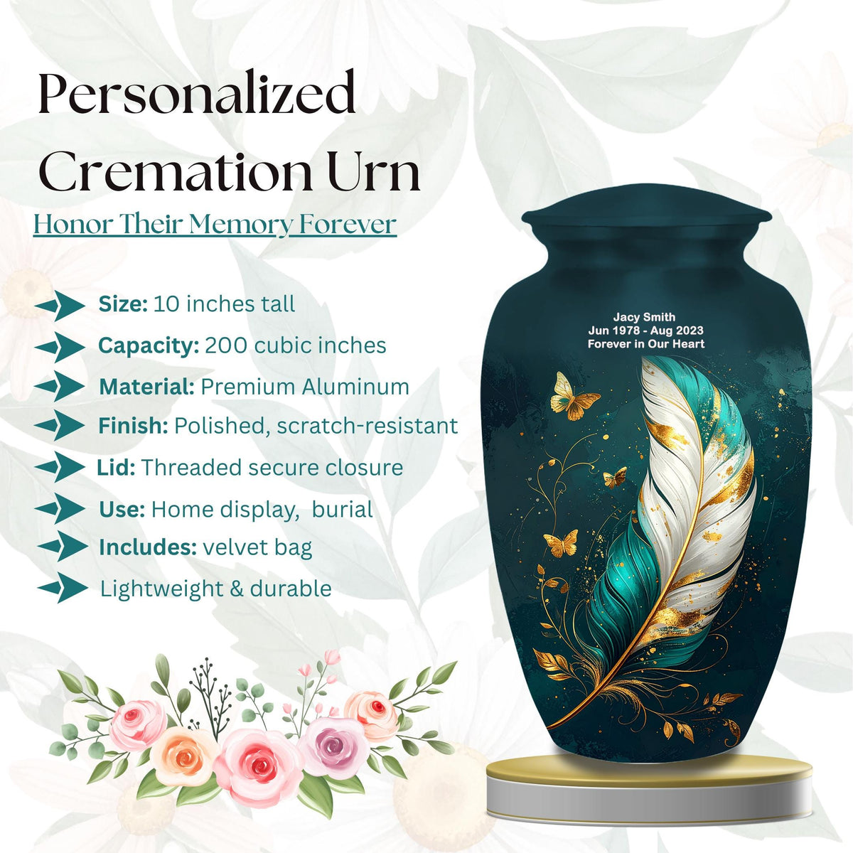 teal gold butterfly feather cremation urn for human ashes, handmade aluminum memorial urn – photo 6
