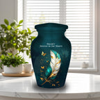 teal gold butterfly feather cremation urn for human ashes, handmade aluminum memorial urn – photo 8