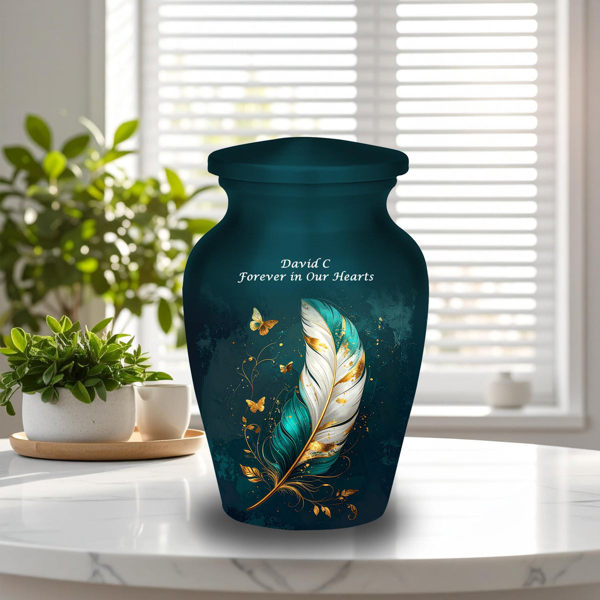 teal gold butterfly feather cremation urn for human ashes, handmade aluminum memorial urn – photo 8