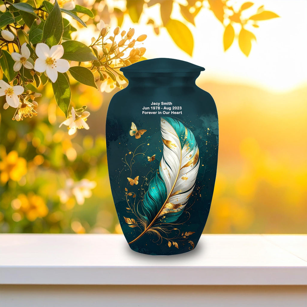 teal gold butterfly feather cremation urn for human ashes, handmade aluminum memorial urn – photo 10