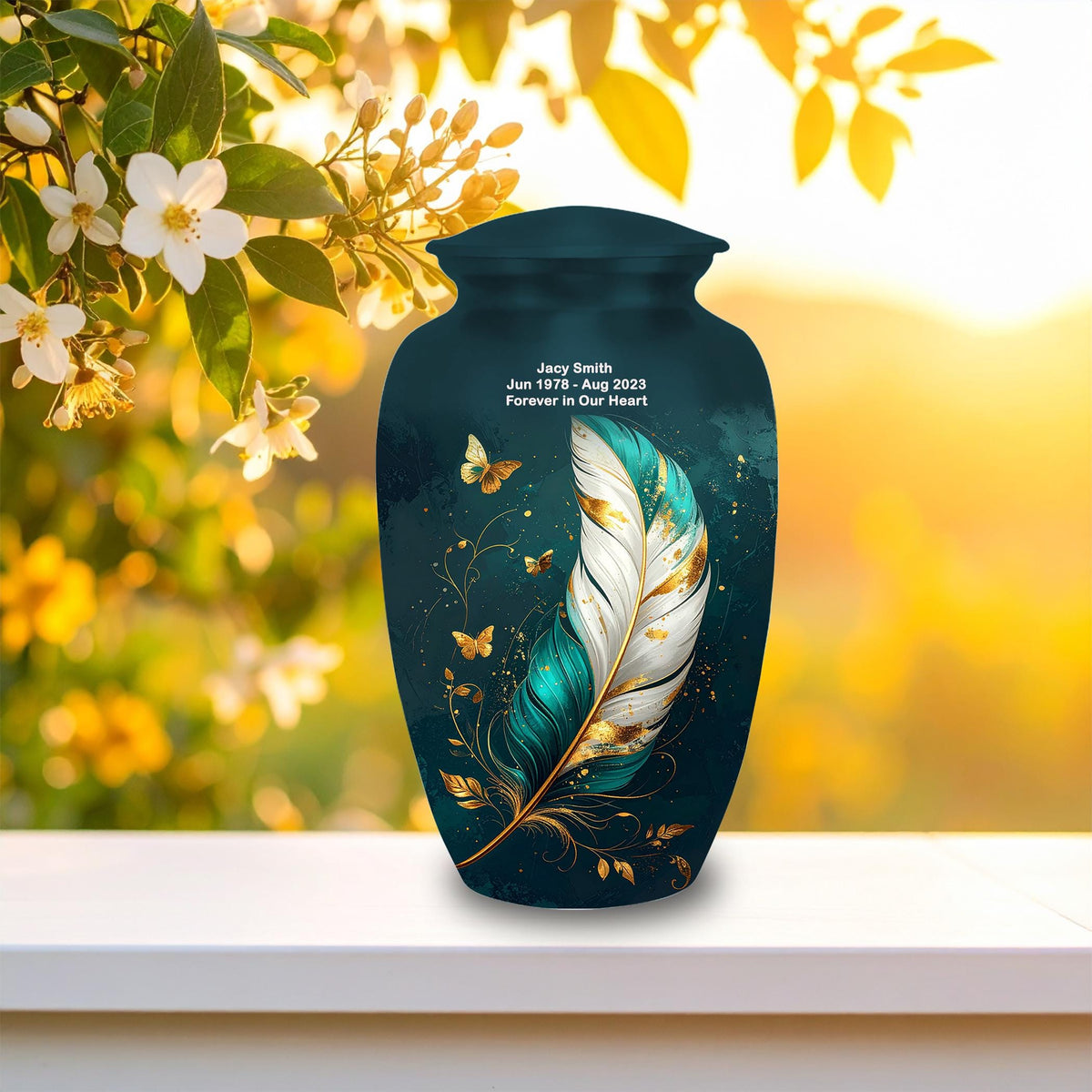 teal gold butterfly feather cremation urn for human ashes, handmade aluminum memorial urn – photo 10