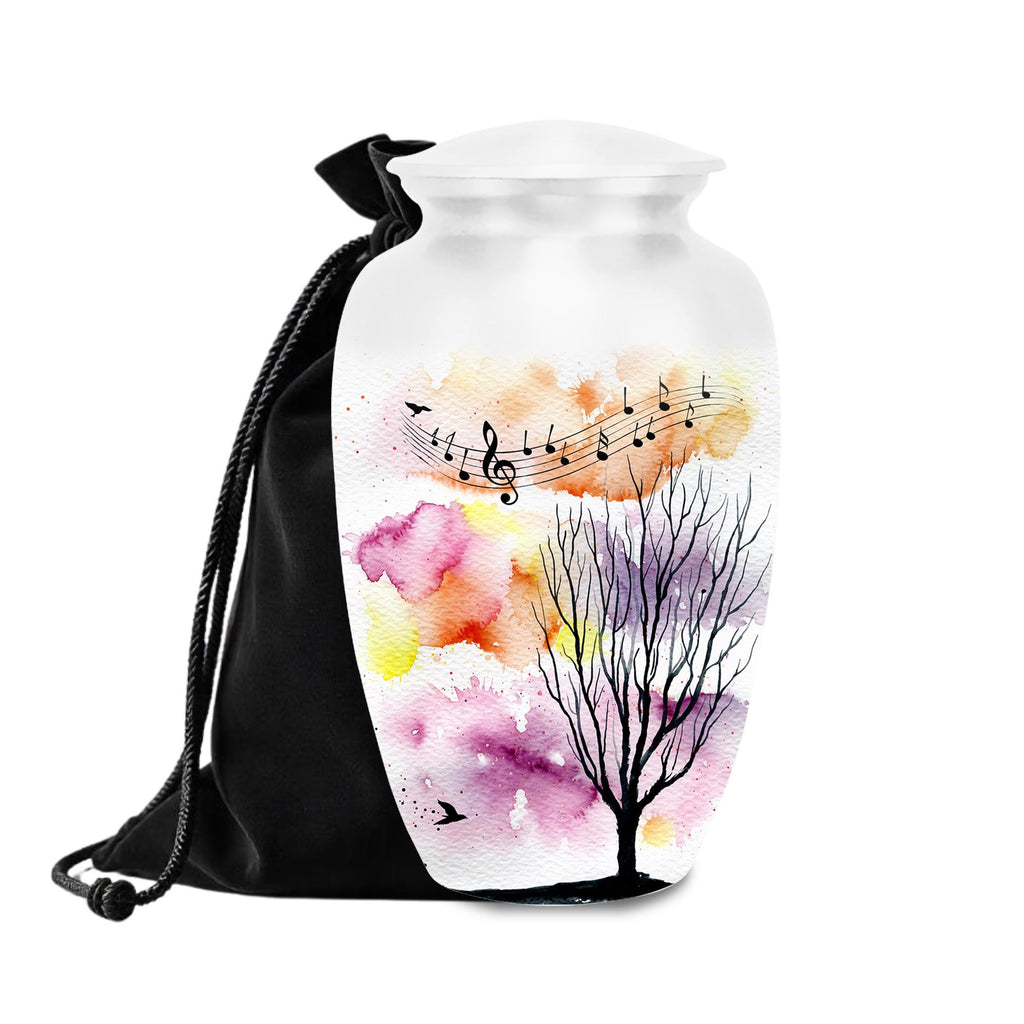 watercolor tree music notes cremation urn for human ashes, handmade aluminum memorial urn – photo 1