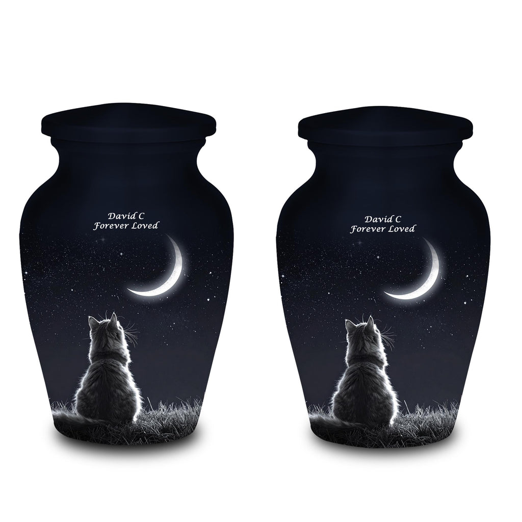 cat moon night sky cremation urn for pet ashes, handmade aluminum memorial urn – photo 6