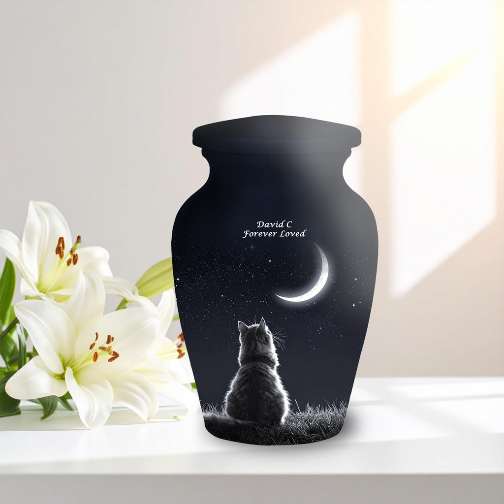 cat moon night sky cremation urn for pet ashes, handmade aluminum memorial urn – photo 10