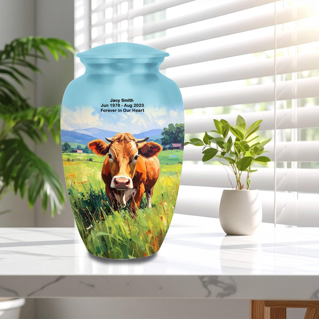 cow countryside farm cremation urn for human ashes, handmade aluminum memorial urn – photo 2
