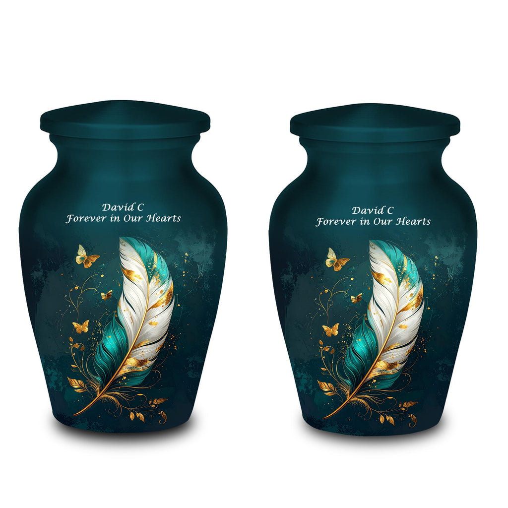 teal gold butterfly feather cremation urn for human ashes, handmade aluminum memorial urn – photo 5