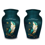 teal gold butterfly feather cremation urn for human ashes, handmade aluminum memorial urn – photo 5