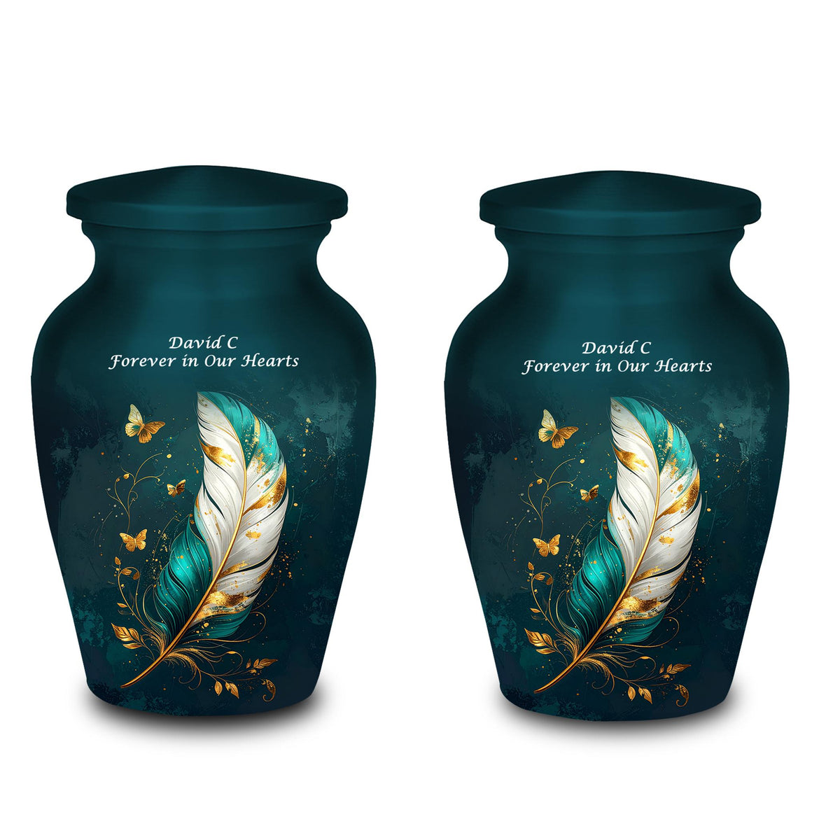 teal gold butterfly feather cremation urn for human ashes, handmade aluminum memorial urn – photo 5