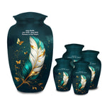 teal gold butterfly feather cremation urn for human ashes, handmade aluminum memorial urn – photo 7