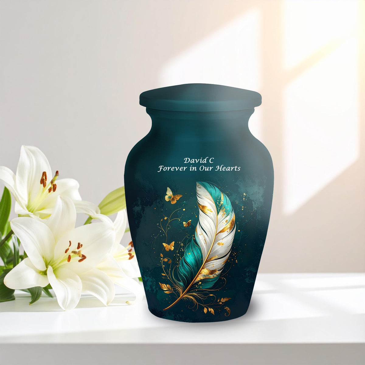 teal gold butterfly feather cremation urn for human ashes, handmade aluminum memorial urn – photo 9