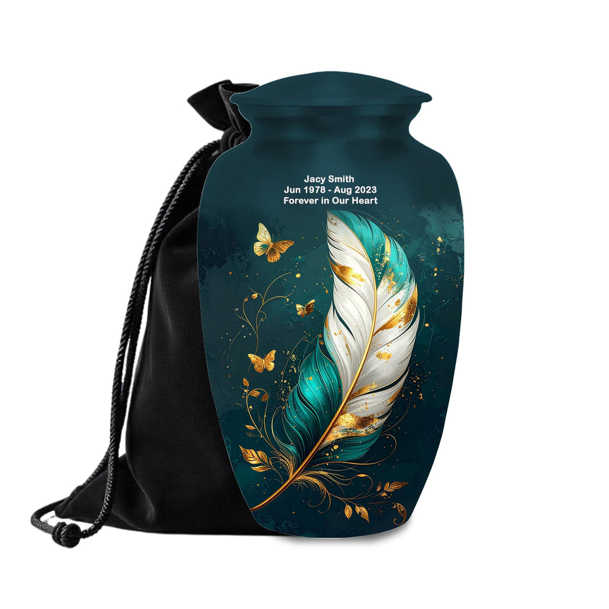 teal gold butterfly feather cremation urn for human ashes, handmade aluminum memorial urn – photo 1