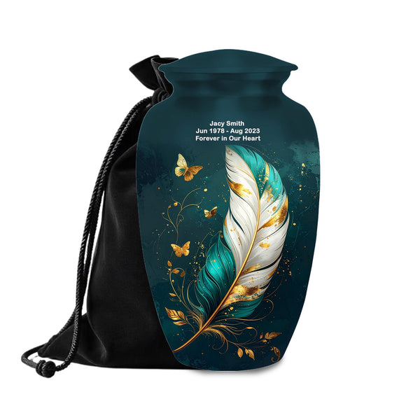 teal gold butterfly feather cremation urn for human ashes, handmade aluminum memorial urn – photo 1