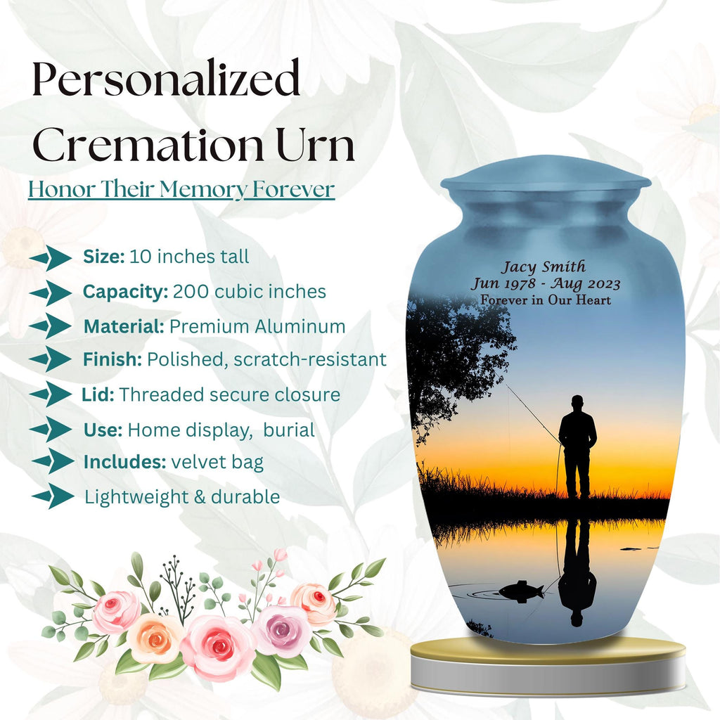 sunset fishing cremation urn for human ashes, handmade aluminum memorial urn – photo 4
