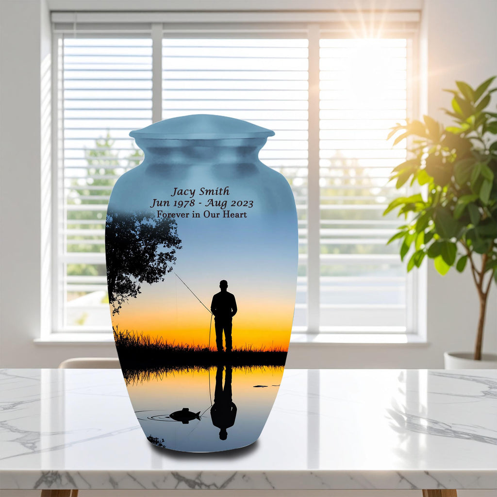 sunset fishing cremation urn for human ashes, handmade aluminum memorial urn – photo 2