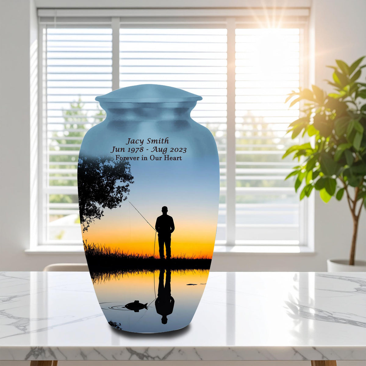 sunset fishing cremation urn for human ashes, handmade aluminum memorial urn – photo 2