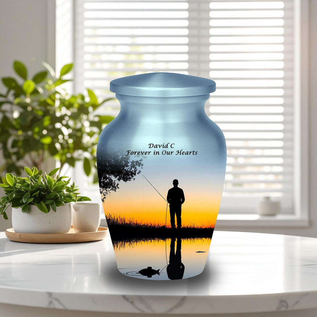 sunset fishing cremation urn for human ashes, handmade aluminum memorial urn – photo 3