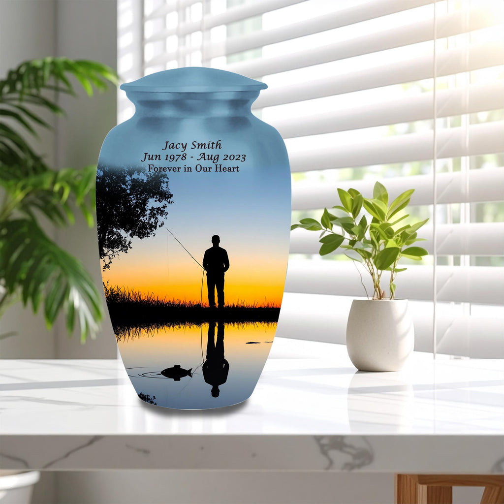 sunset fishing cremation urn for human ashes, handmade aluminum memorial urn – photo 10