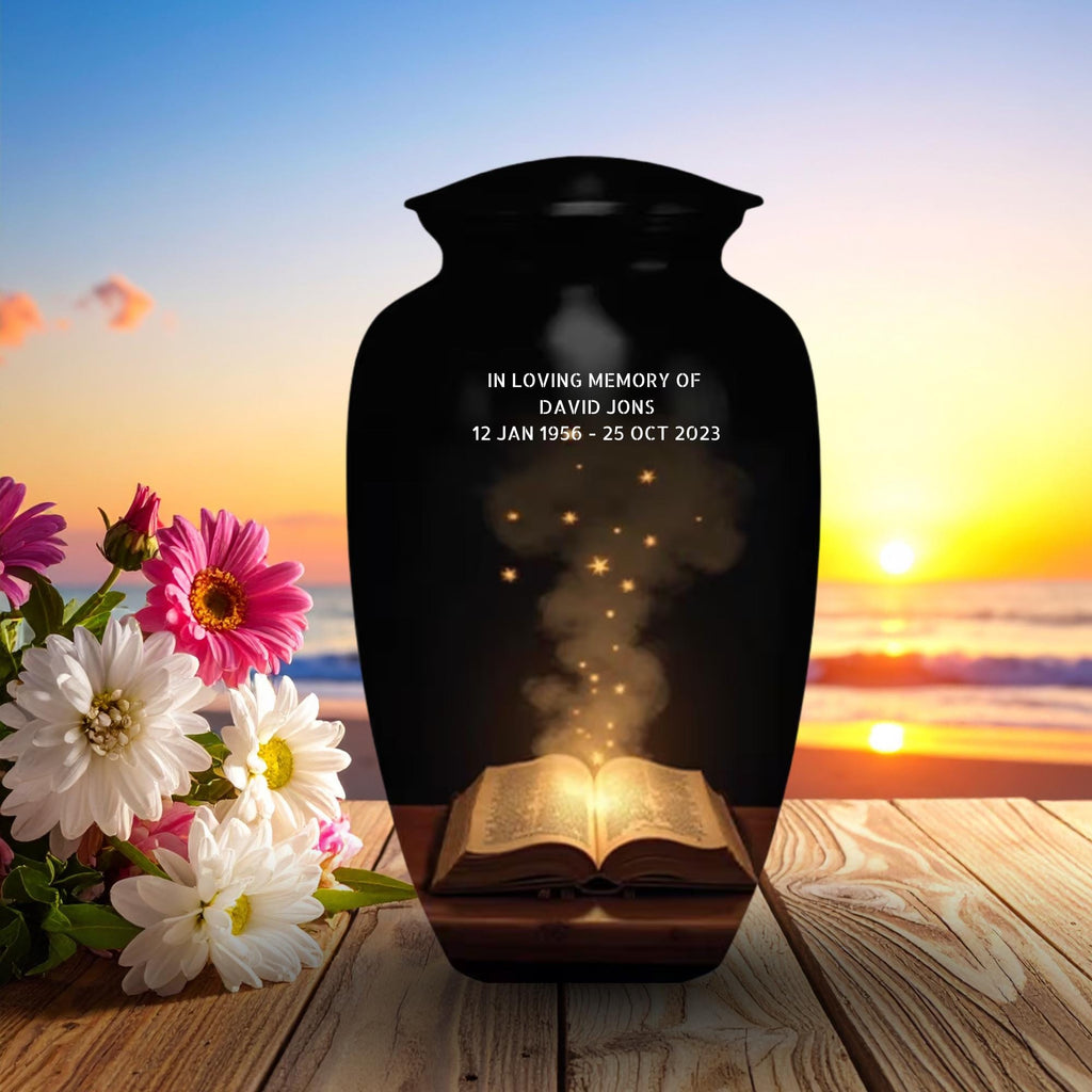 book lover teacher cremation urn for human ashes, handmade aluminum memorial urn – photo 1