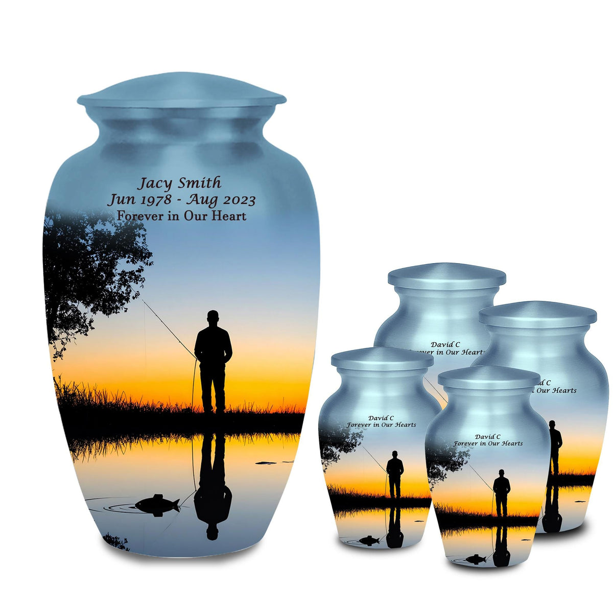 sunset fishing cremation urn for human ashes, handmade aluminum memorial urn – photo 5